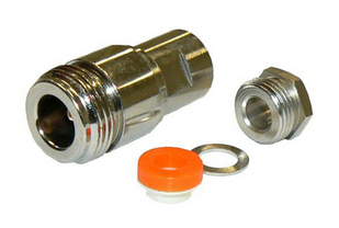 N-type female, solder pin, clamp-style connector for RG58 coaxial cables, DC-11 GHz, 50 Ohms – nickel plated